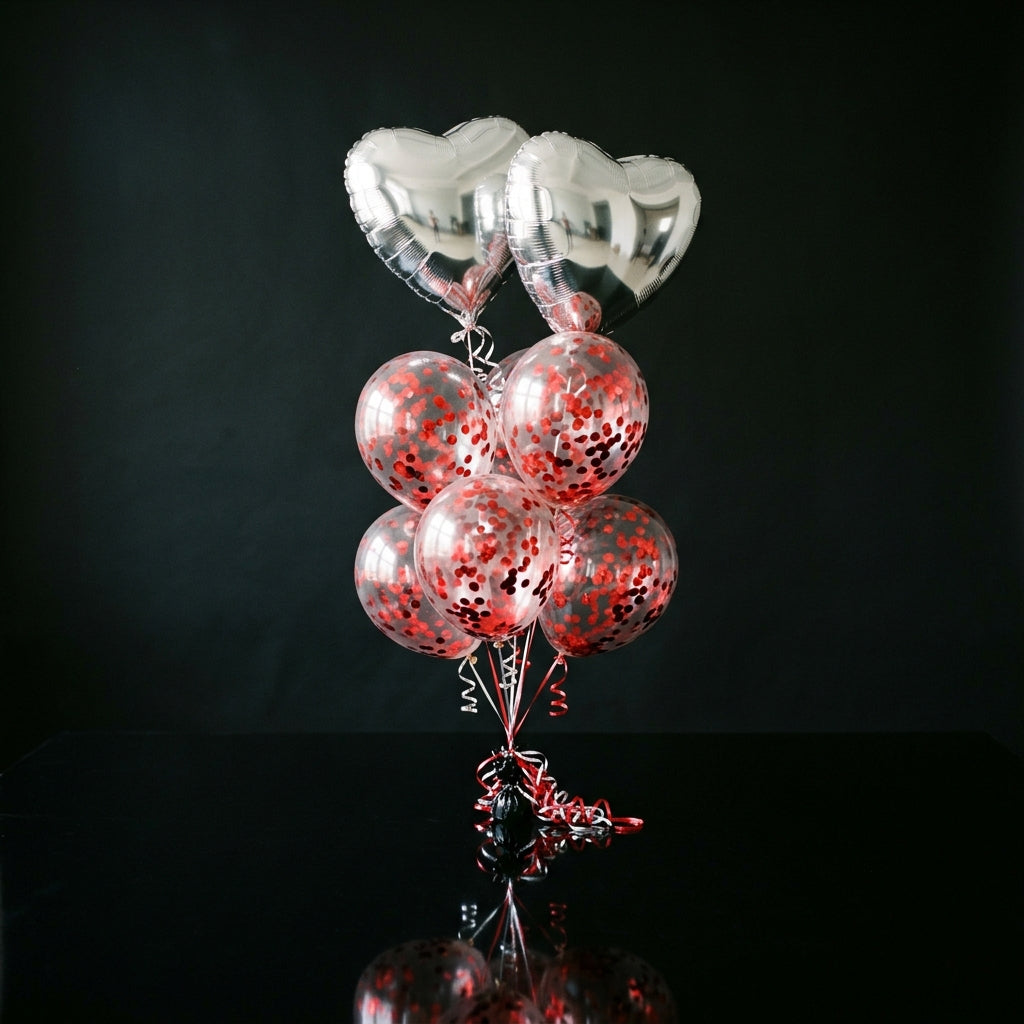 2 Silver Balloons with 6 Red Confetti Balloons bloomsandbeansae