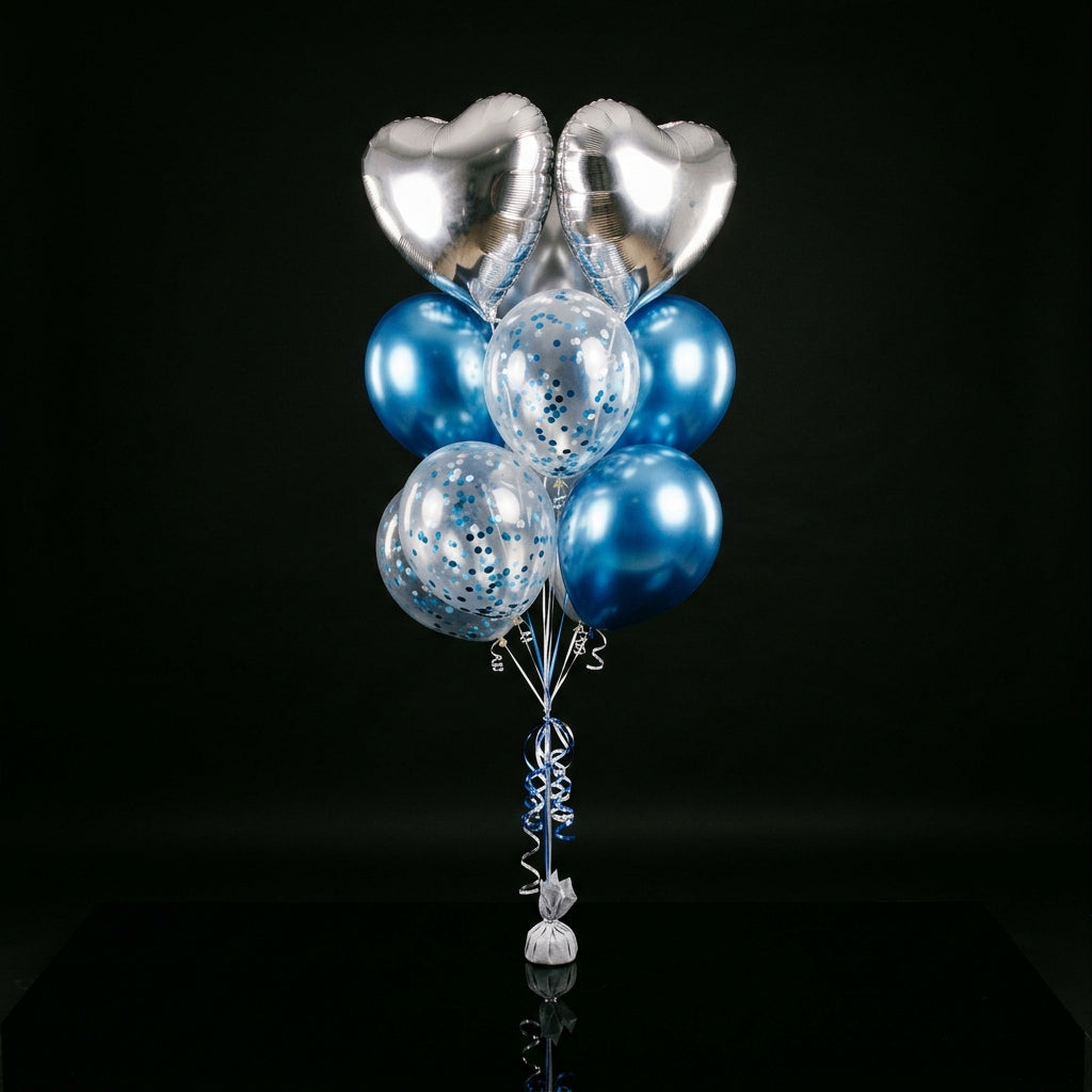 2 Silver Heart & 3 Blue Round Helium Foil Balloons with 3 Blue Confetti Balloons bloomsandbeansae