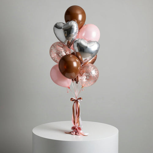 2 Brown & 2 Pink Helium Balloons with 2 Silver Heart Balloons & 3 Pink Confetti Balloons