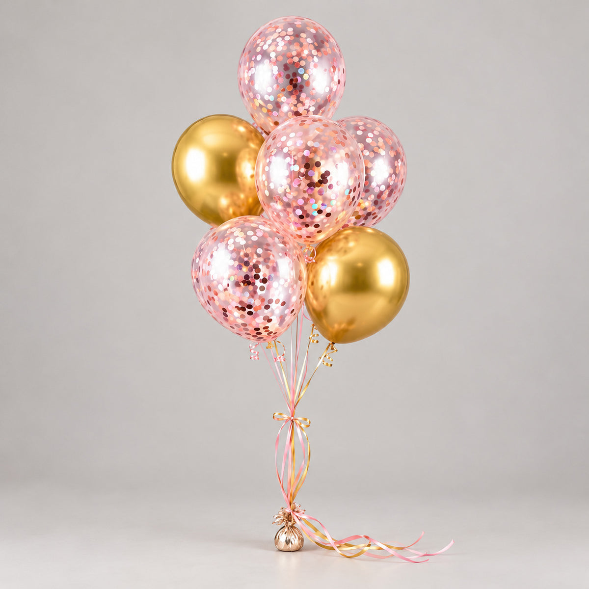 2 Golden Foil Balloons with 5 Pink Confetti Balloons