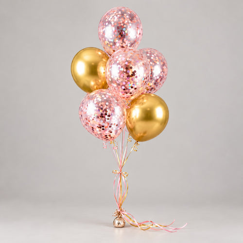 2 Golden Foil Balloons with 5 Pink Confetti Balloons
