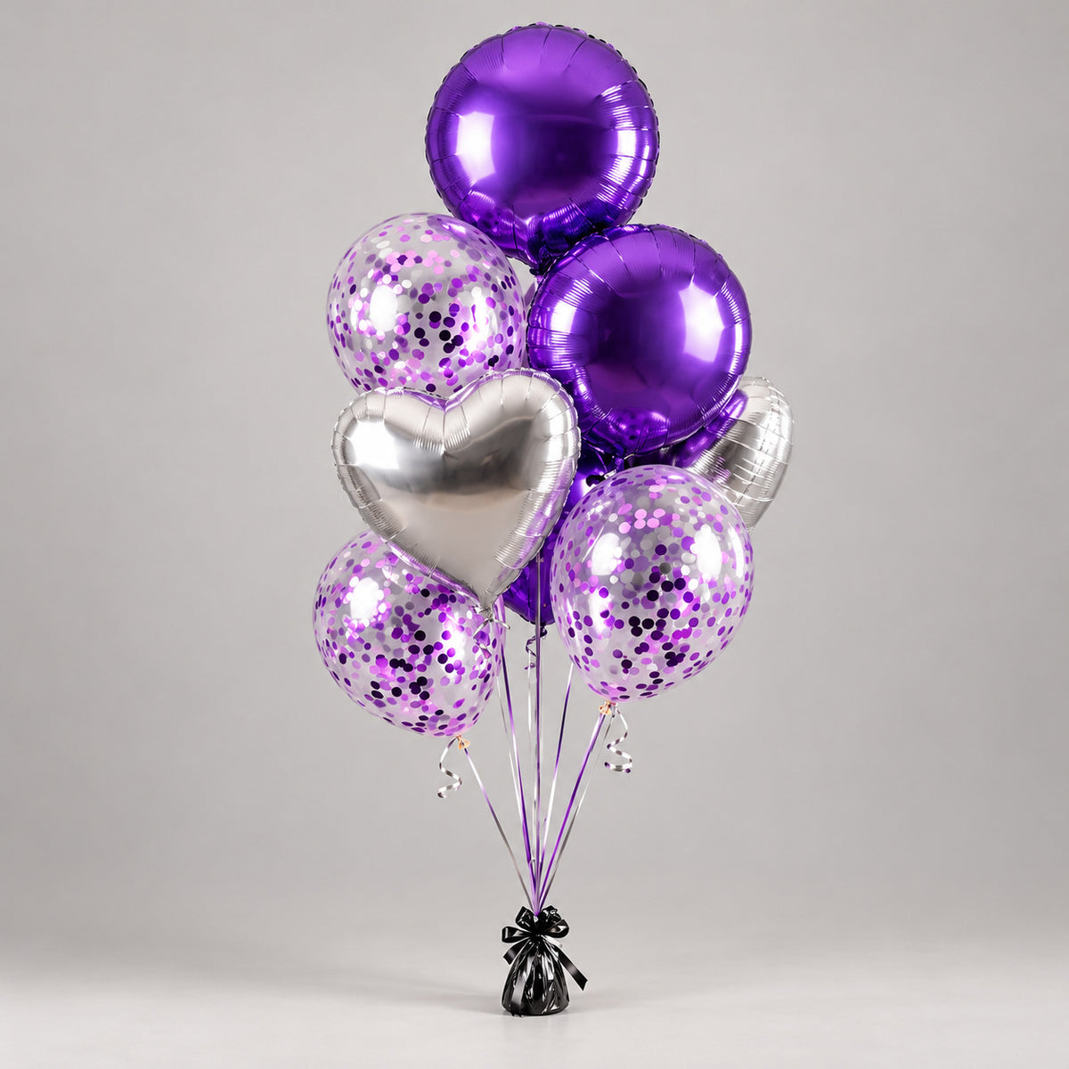 2 Purple Foil Balloons with 2 Silver Heart-Shaped Foil Balloons & 3 Purple Confetti Balloons