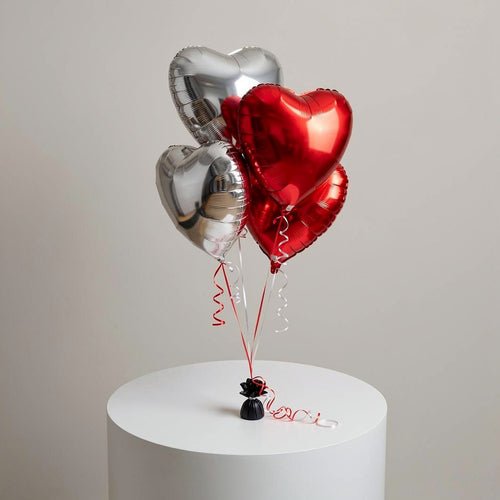 2 Red & 2 Silver Helium Heart-Shaped Foil Balloons Set