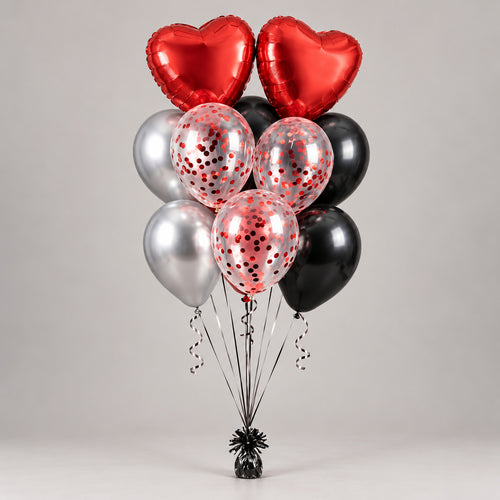 2 Red Heart, 2 Black & 2 Silver Round Helium Foil Balloons with 3 Red Confetti Balloons