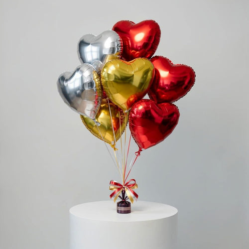 2 Silver, 2 Golden & 3 Red Heart-Shaped Helium Foil Balloons Set