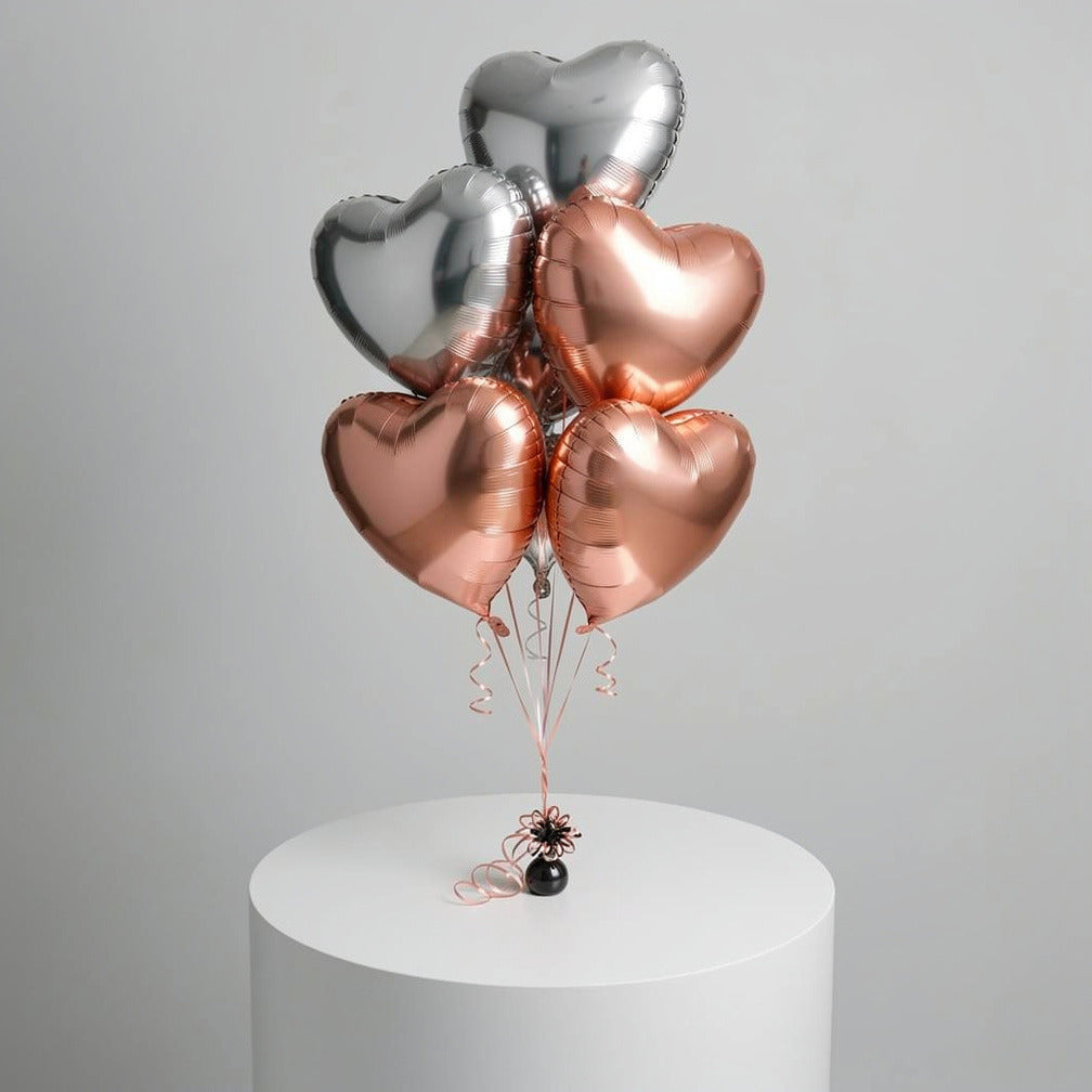 2 Silver & 3 Rose Gold Heart-Shaped Helium Foil Balloons