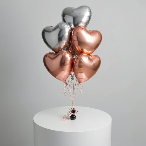 2 Silver & 3 Rose Gold Heart-Shaped Helium Foil Balloons