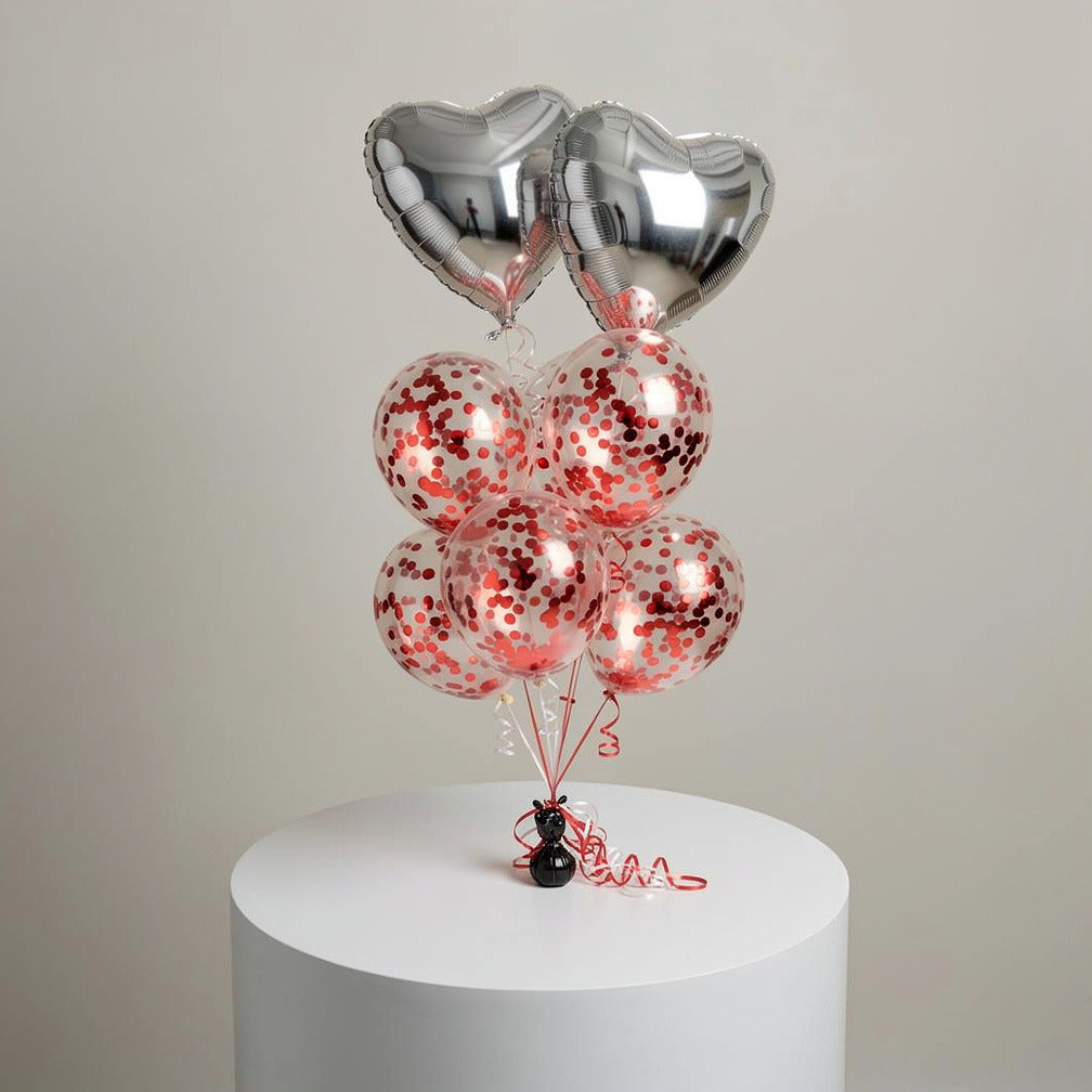 2 Silver Balloons with 6 Red Confetti Balloons