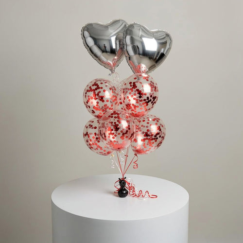 2 Silver Balloons with 6 Red Confetti Balloons