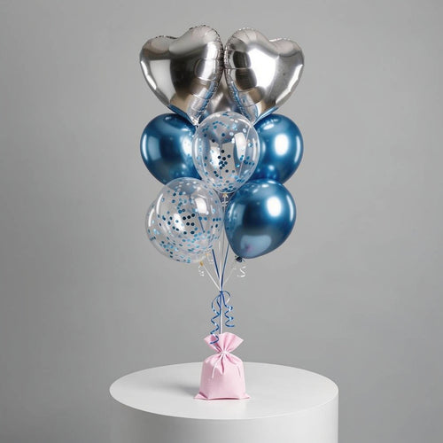 2 Silver Heart & 3 Blue Round Helium Foil Balloons with 3 Blue Confetti Balloons