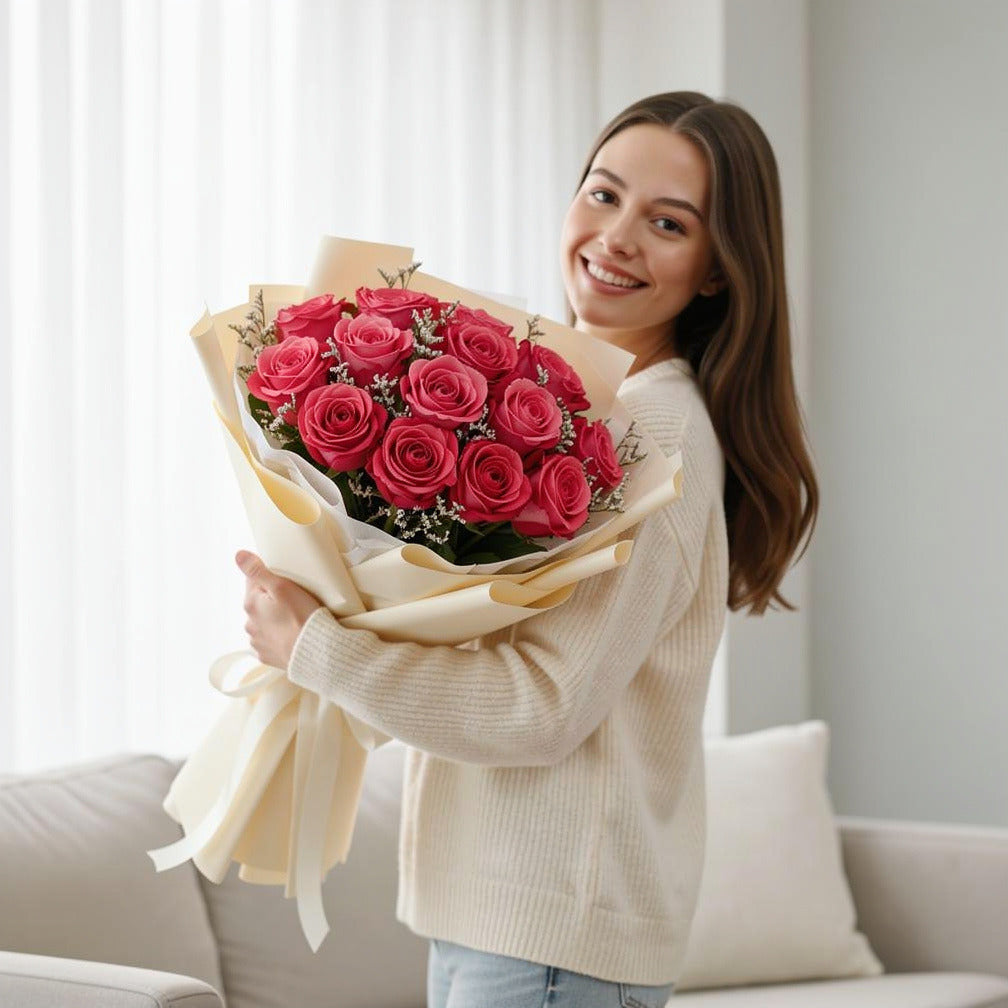 20 Pink Rose Bouquet for Anniversary held by a model, view 1