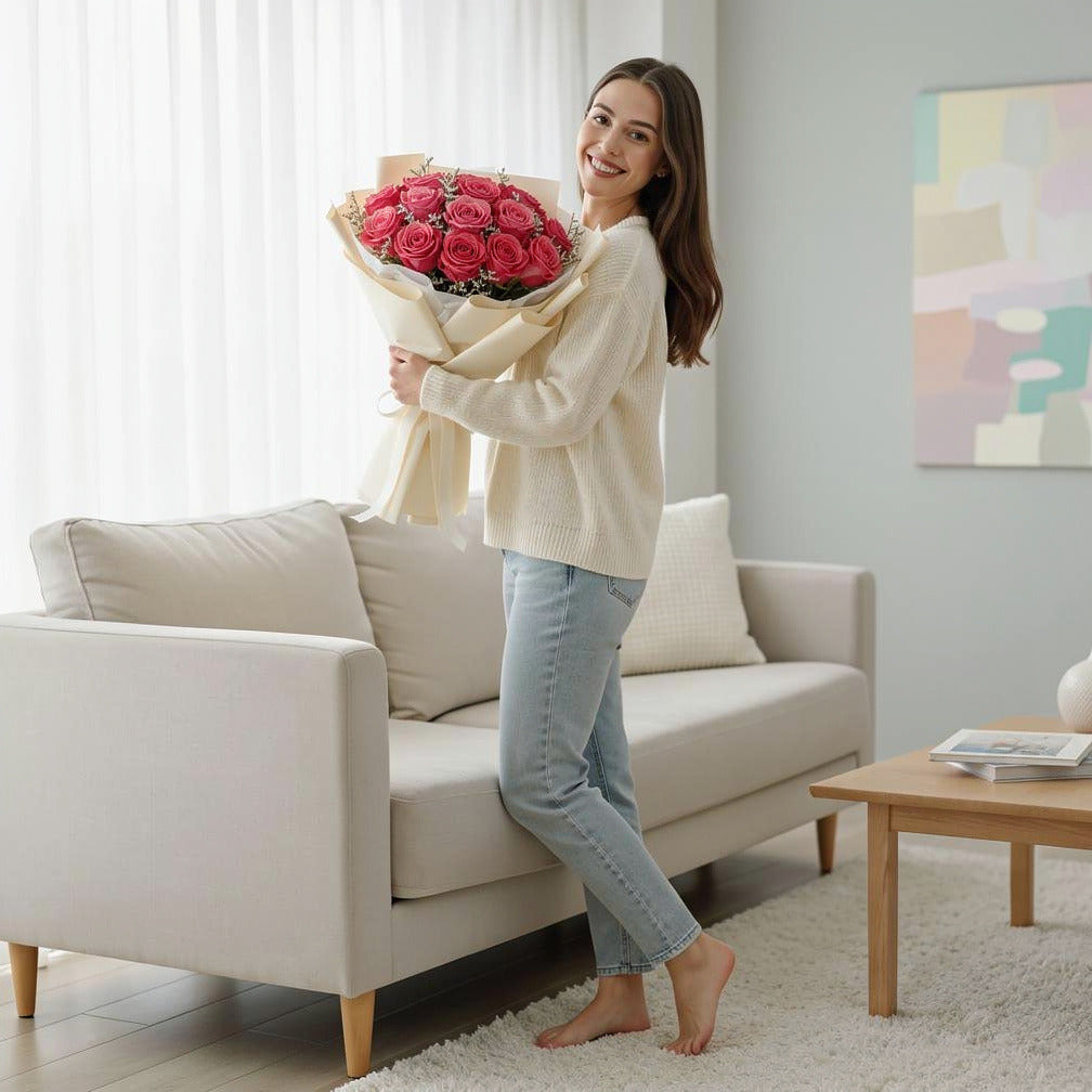 20 Pink Rose Bouquet for Anniversary held by a model, view 2