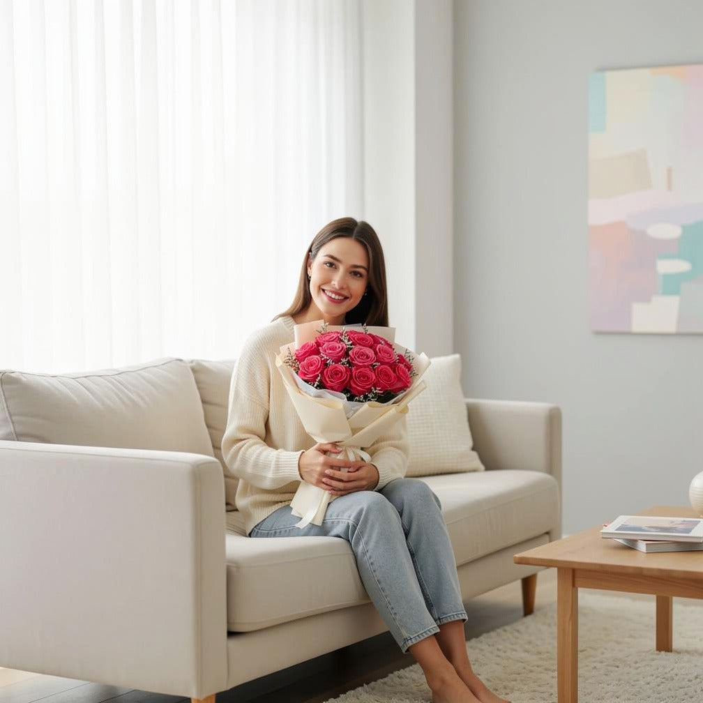 20 Pink Rose Bouquet for Anniversary held by a model, view 3