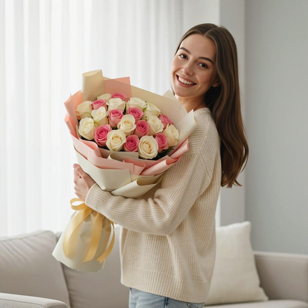 20 Pink & White Rose Bouquet for Anniversary held by a model, view 1