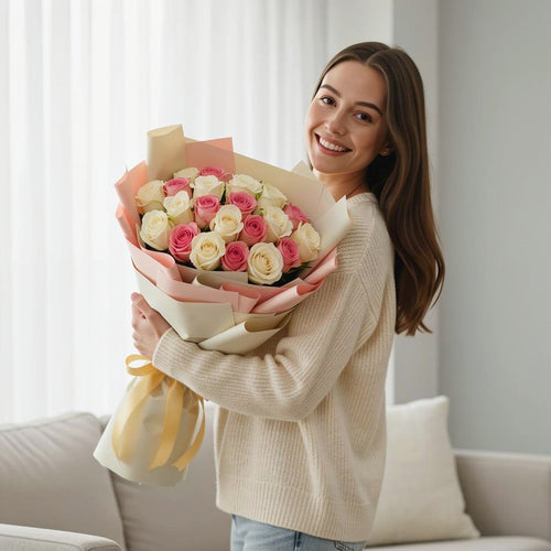 20 Pink & White Rose Bouquet for Anniversary held by a model, view 1