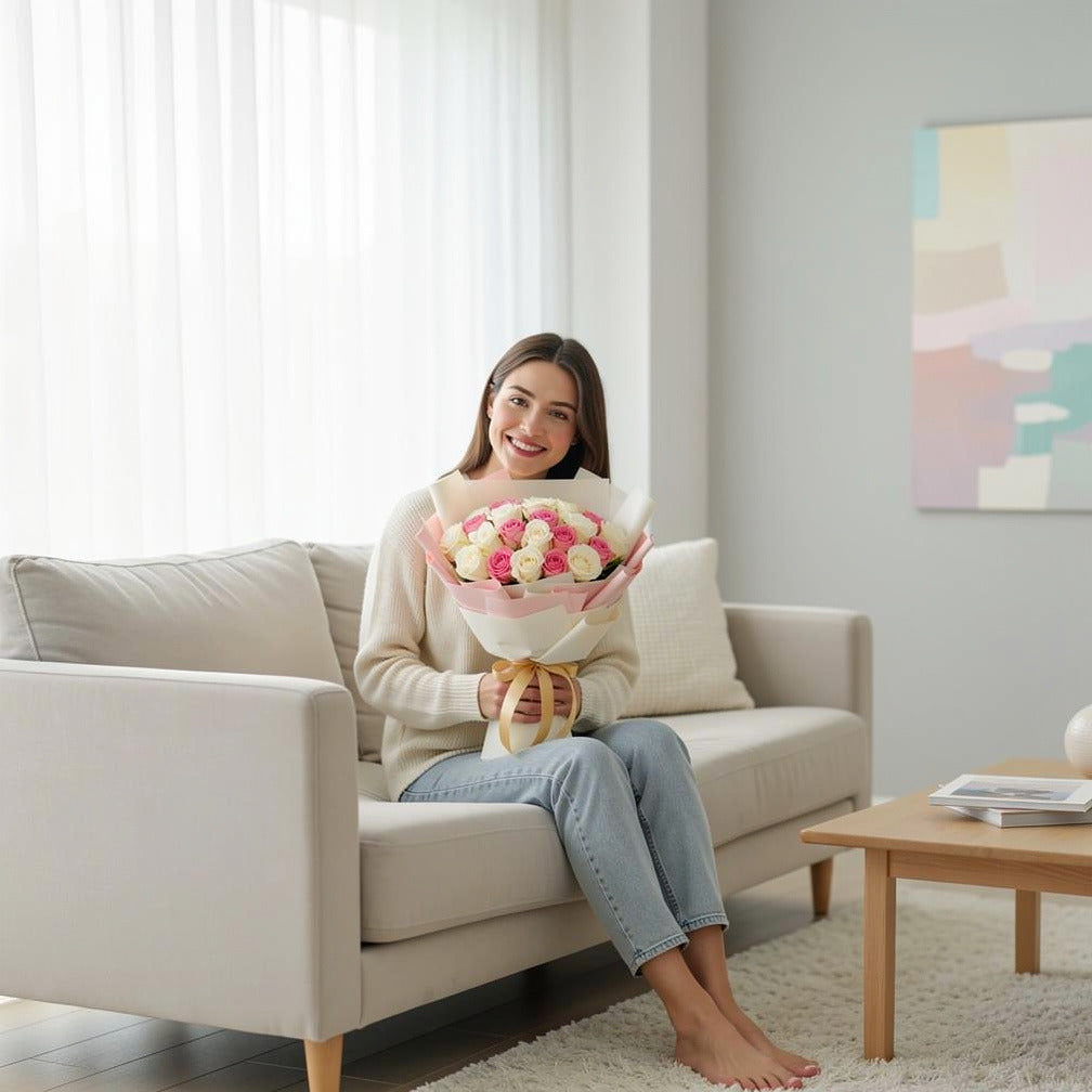 20 Pink & White Rose Bouquet for Anniversary held by a model, view 3