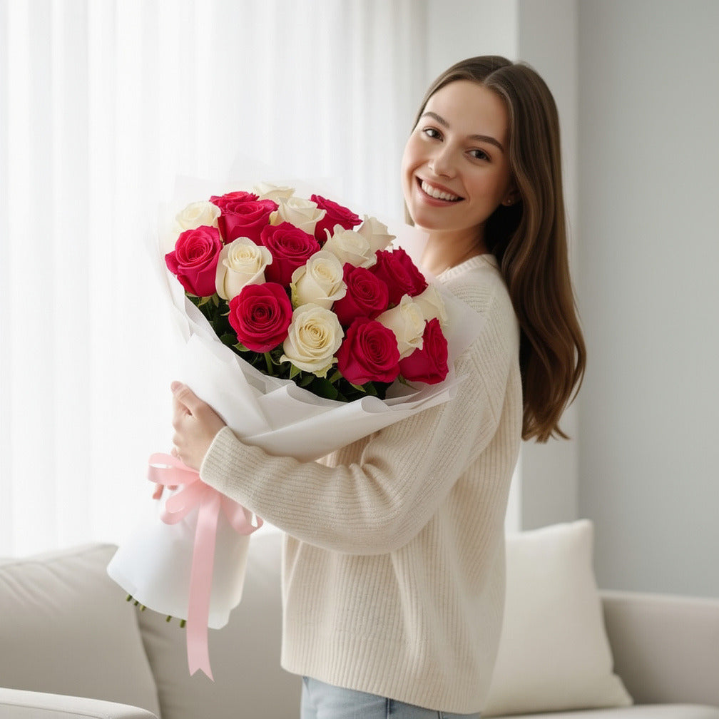 20 Pink & White Rose Bouquet for Birthday held by a model, view 1
