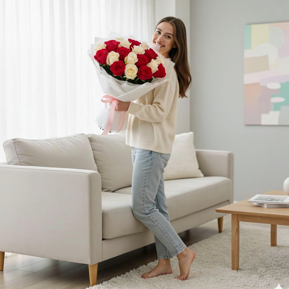 20 Pink & White Rose Bouquet for Birthday held by a model, view 2
