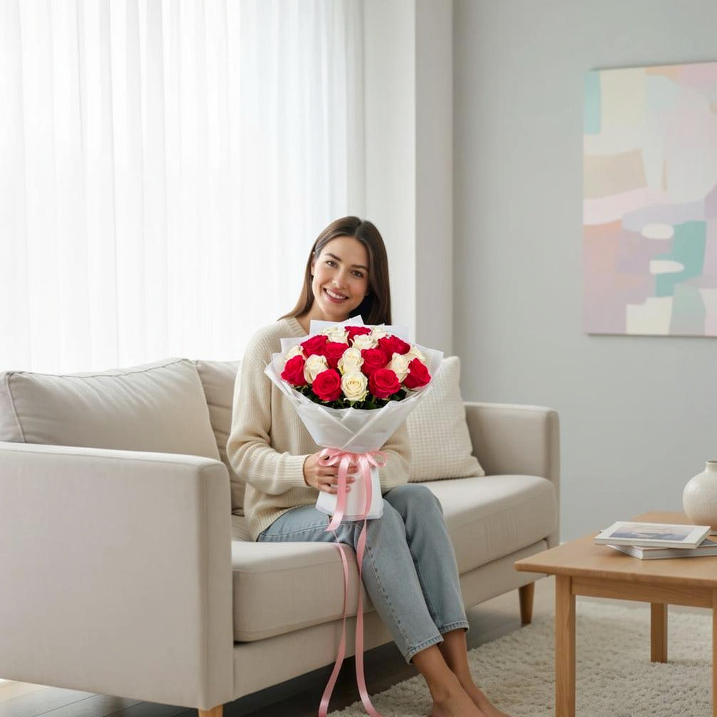 20 Pink & White Rose Bouquet for Birthday held by a model, view 3