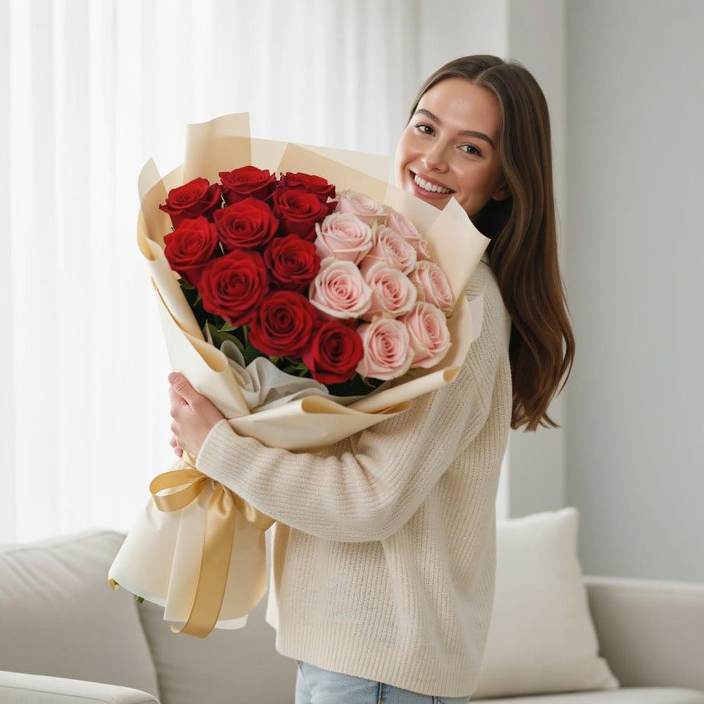 20 Red & Pink Rose Bouquet for Birthday held by a model, view 1