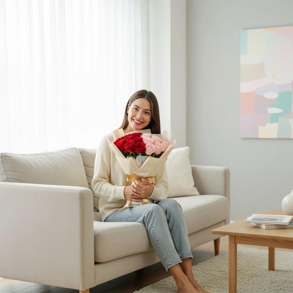 20 Red & Pink Rose Bouquet for Birthday held by a model, view 3