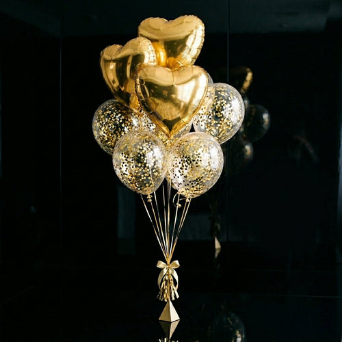 3 Golden Heart Helium Foil Balloons with 5 Confetti Balloons bloomsandbeansae