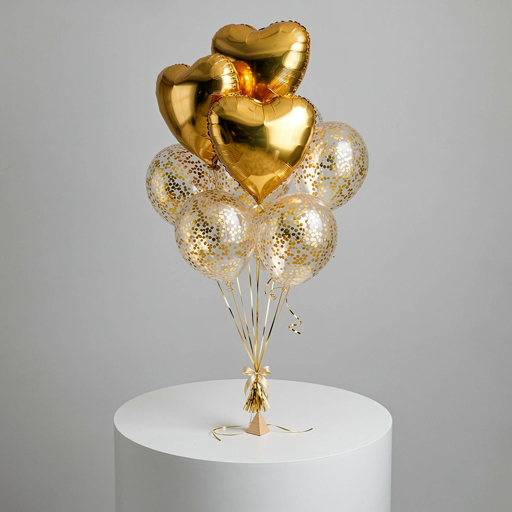 3 Golden Heart Helium Foil Balloons with 5 Confetti Balloons