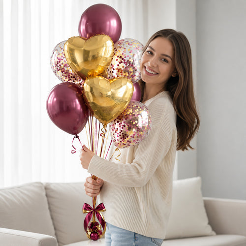 3 Maroon Round Balloons with 2 Golden Heart Foil Balloons & 3 Maroon Confetti Balloons held by a model, view 1