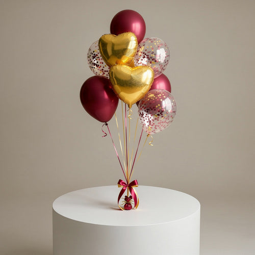 3 Maroon Round Balloons with 2 Golden Heart Foil Balloons & 3 Maroon Confetti Balloons