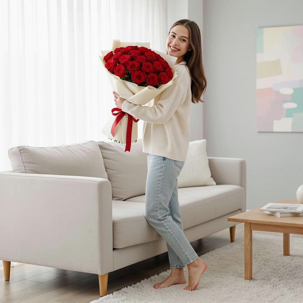 30 Red Rose Bouquet for Anniversary held by a model, view 2