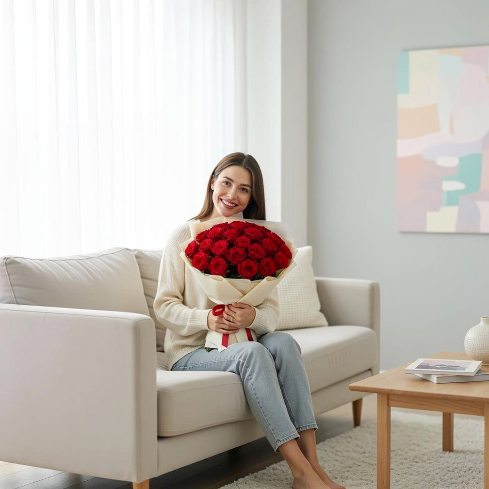 30 Red Rose Bouquet for Anniversary held by a model, view 3