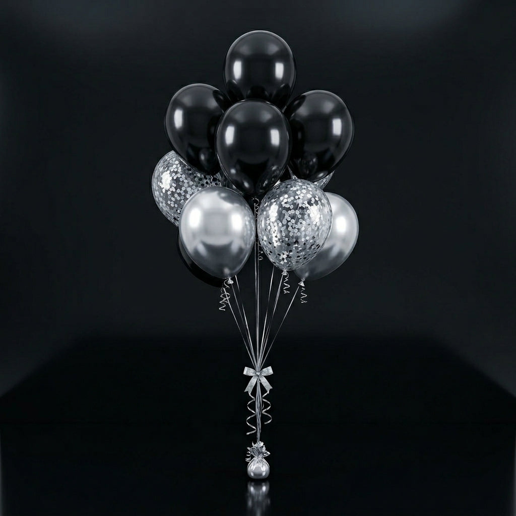 4 Black & 2 Silver Round Helium Foil Balloons with 4 Silver Confetti Balloons bloomsandbeansae