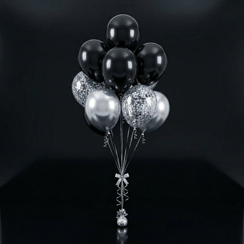 4 Black & 2 Silver Round Helium Foil Balloons with 4 Silver Confetti Balloons bloomsandbeansae