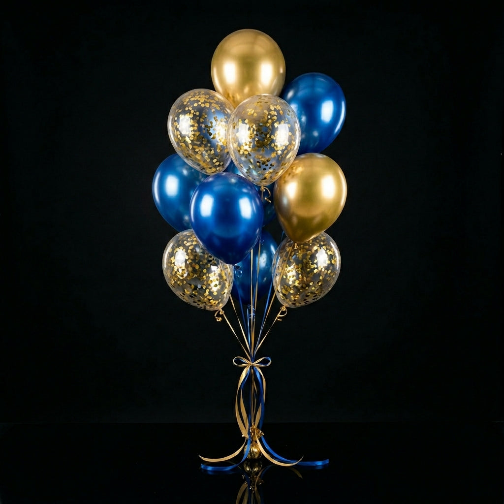 4 Blue & 2 Golden Helium Foil Balloons with 4 Golden Confetti Balloons bloomsandbeansae