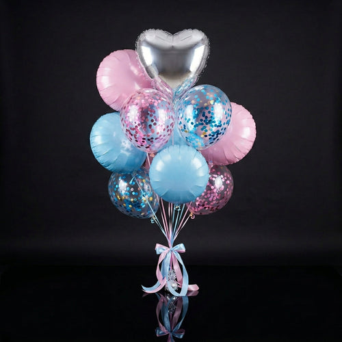 4 Pink & Blue Round Balloons with 1 Silver Heart Foil Balloon & 4 Pink & Blue Confetti Balloons bloomsandbeansae