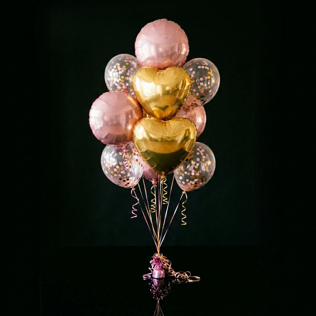4 Pink Round Balloons with 2 Golden Heart Foil Balloons & 4 Pink Confetti Balloons bloomsandbeansae