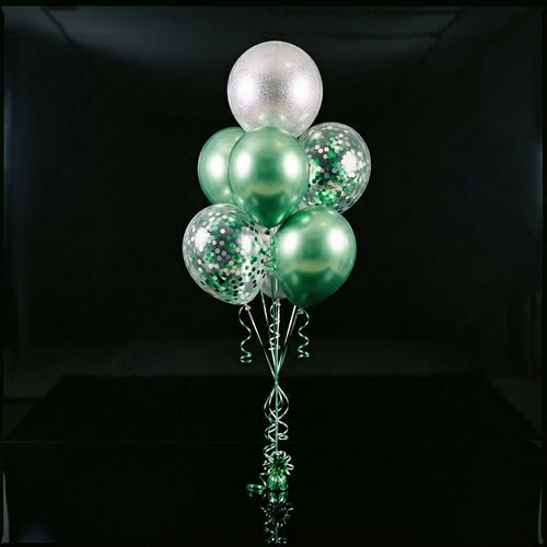 4 Silver & Green Round Helium Foil Balloons with 2 Green Confetti Balloons bloomsandbeansae