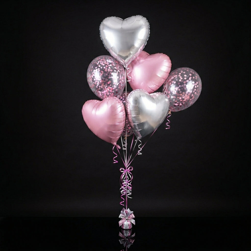 4 Silver & Pink Heart-Shaped Helium Foil Balloons with 2 Pink Confetti Balloons bloomsandbeansae