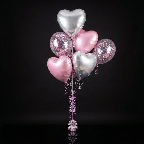 4 Silver & Pink Heart-Shaped Helium Foil Balloons with 2 Pink Confetti Balloons bloomsandbeansae