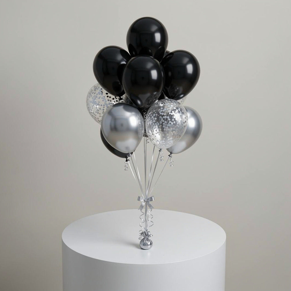 4 Black & 2 Silver Round Helium Foil Balloons with 4 Silver Confetti Balloons