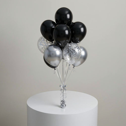 4 Black & 2 Silver Round Helium Foil Balloons with 4 Silver Confetti Balloons