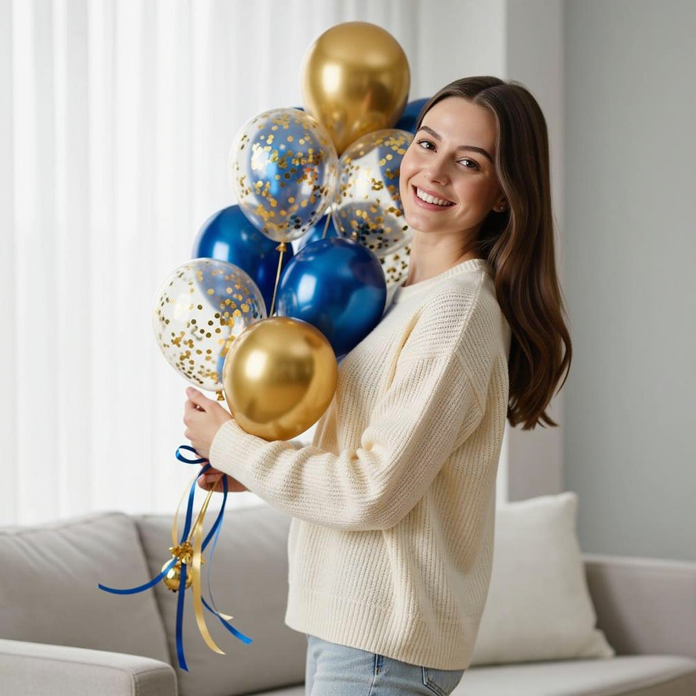 4 Blue & 2 Golden Helium Foil Balloons with 4 Golden Confetti Balloons held by a model, view 1