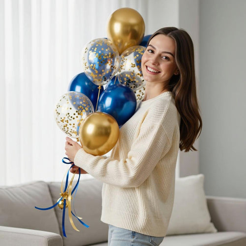 4 Blue & 2 Golden Helium Foil Balloons with 4 Golden Confetti Balloons held by a model, view 1