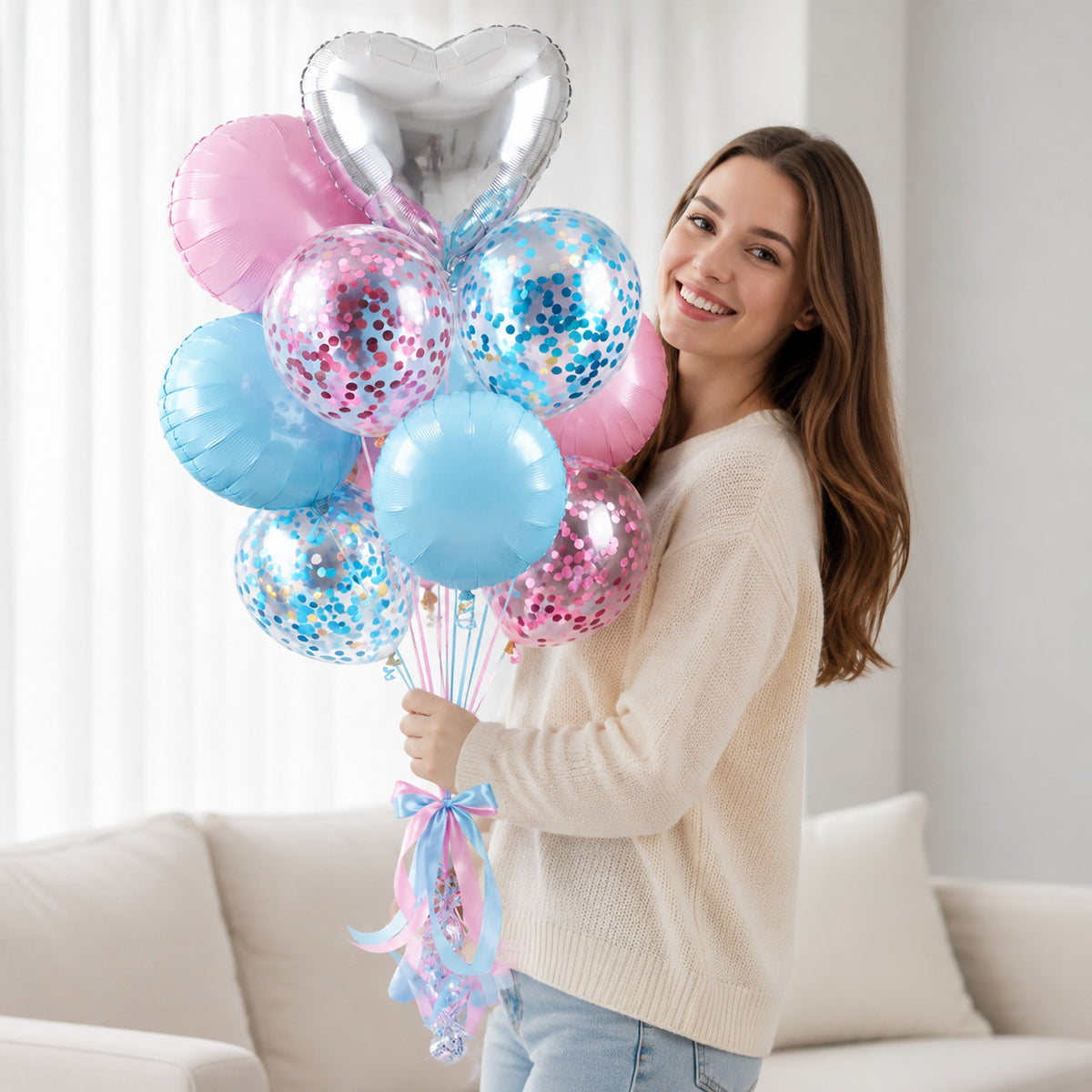 4 Pink & Blue Round Balloons with 1 Silver Heart Foil Balloon & 4 Pink & Blue Confetti Balloons held by a model, view 1