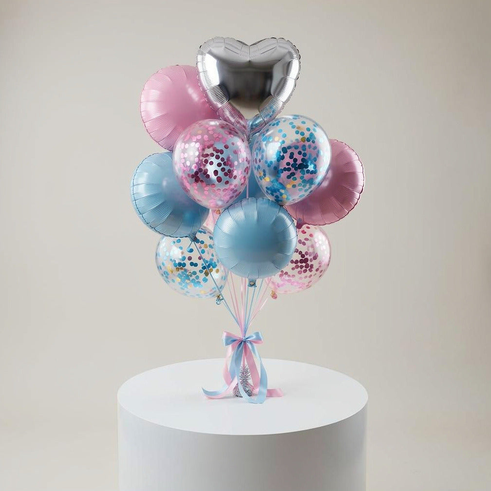 4 Pink & Blue Round Balloons with 1 Silver Heart Foil Balloon & 4 Pink & Blue Confetti Balloons