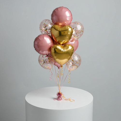 4 Pink Round Balloons with 2 Golden Heart Foil Balloons & 4 Pink Confetti Balloons