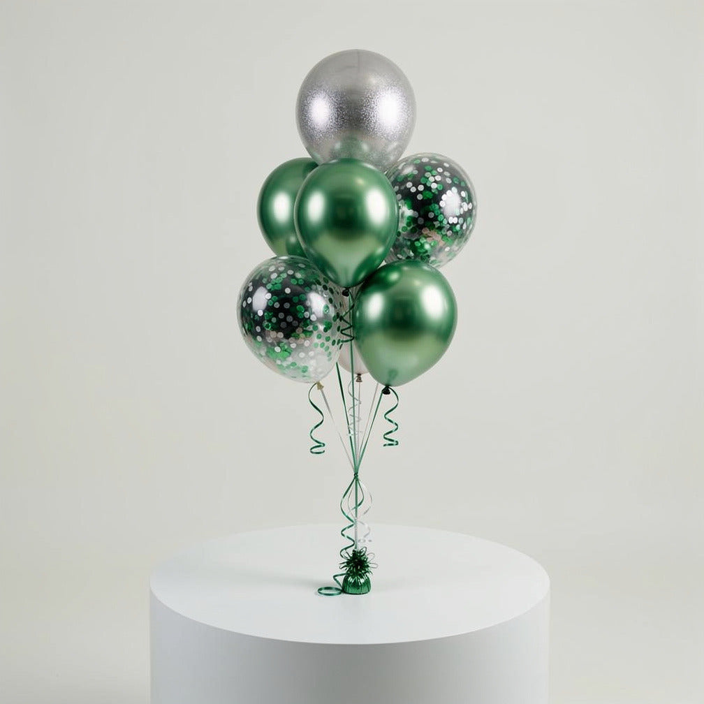 4 Silver & Green Round Helium Foil Balloons with 2 Green Confetti Balloons