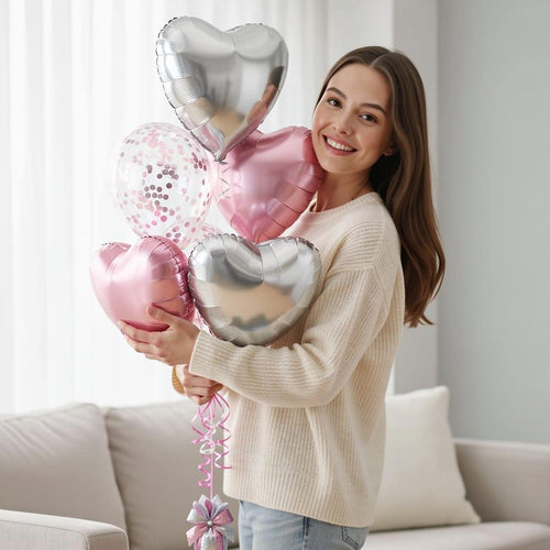 4 Silver & Pink Heart-Shaped Helium Foil Balloons with 2 Pink Confetti Balloons held by a model, view 1