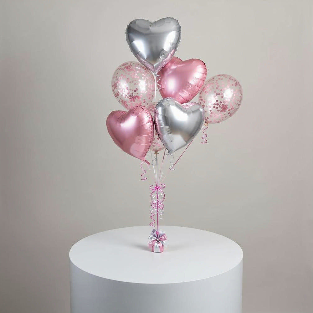 4 Silver & Pink Heart-Shaped Helium Foil Balloons with 2 Pink Confetti Balloons