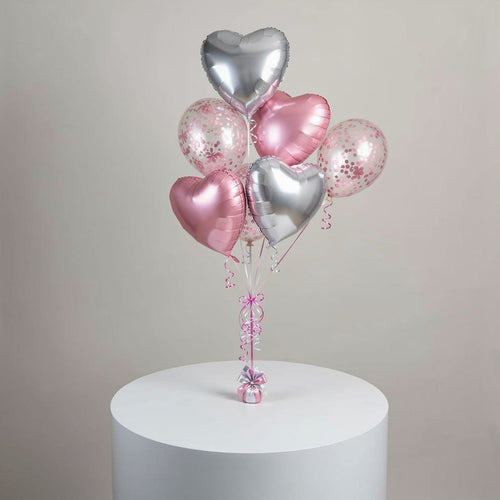 4 Silver & Pink Heart-Shaped Helium Foil Balloons with 2 Pink Confetti Balloons